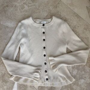Women's Cream Ruffled Button-Front Ribbed Sweater